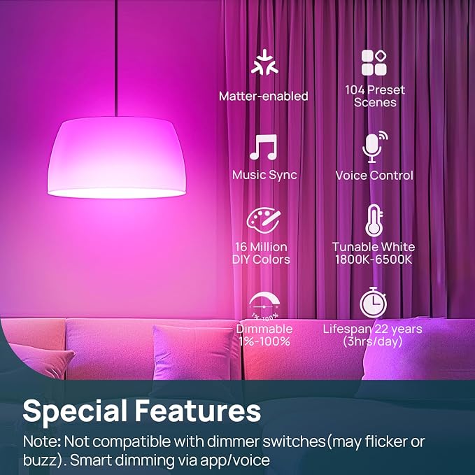 Linkind Matter Smart Light Bulb,1600LM 100W Smart Bulbs Work with Alexa/Apple Home/Google Home/SmartThings, RGBTW LED Color Changing Bulbs Music Sync, 2.4GHz Wi-Fi Light Bulbs LED 11W, A21 E26, 4Pack - Image 4