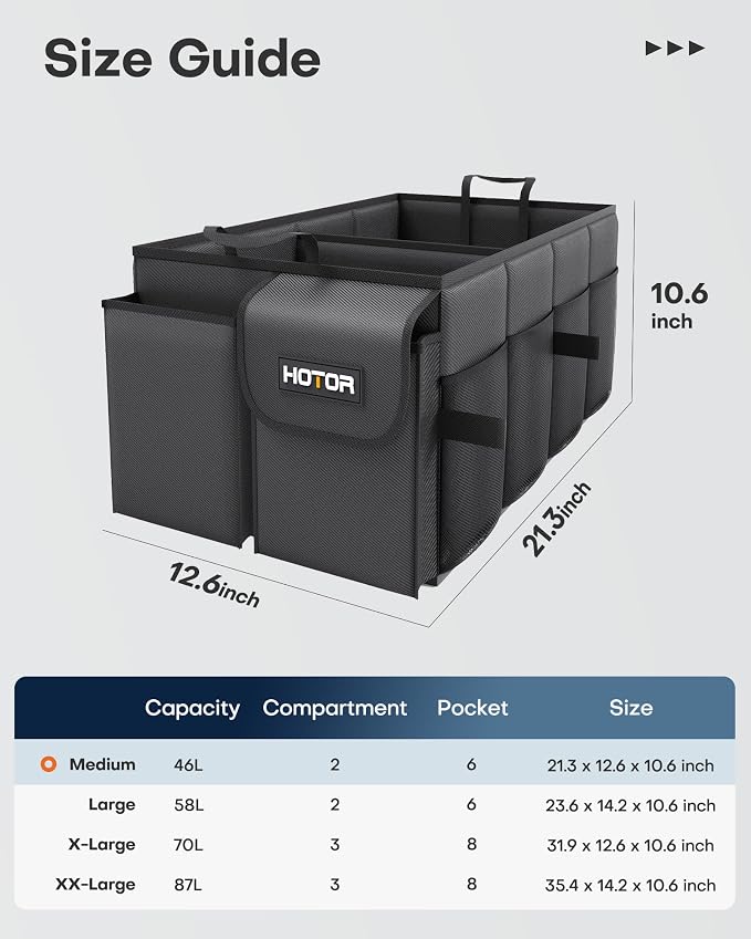 HOTOR Trunk Organizer - Car Organizer, Foldable Trunk organizer for SUVs & Sedans, Sturdy Car Organization for Car Accessories, Tools, Sundries, Black, 2 Compartments, 21.3"×12.6"×10.6" - Image 3