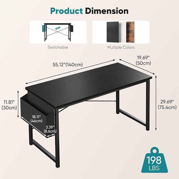 OLIXIS Computer Desk, 55 Inch Gaming Desks for Home Office Small Spaces | Writing Study Craft Work Table, Computer Workstation for Bedroom with Storage Bag, Black - Image 3