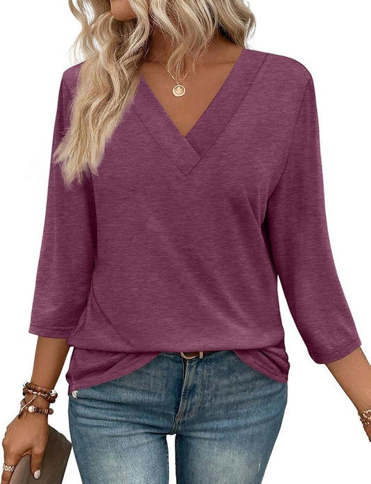 WIHOLL Womens Tops 3/4 Length Sleeve V Neck Casual Tunic Tops Basic Shirts Loose Fit Blouse by WIHOLL
