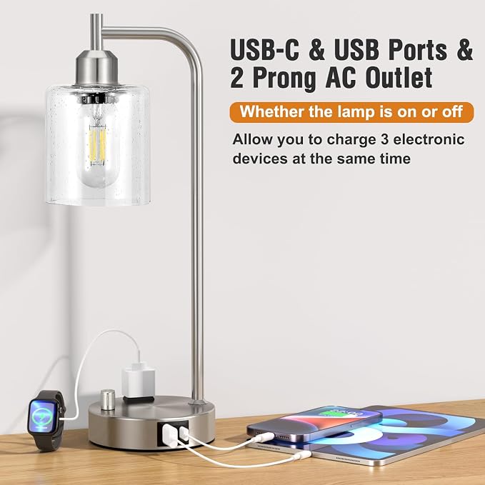 Industrial Table Lamps for Bedrooms Set of 2 - Fully Dimmable Bedside Lamps with USB A and C Ports and Outlet, Nickel Nightstand Lamps with Glass Shade for Living Room, Desk Lamps for Office Reading - Image 3