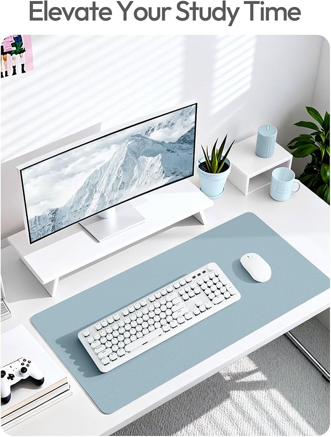 YSAGi Leather Desk Protector, Office Mat, Large Mouse Mat, Non-Slip PU Leather Blotter, Laptop Pad, Waterproof Writing Pad for Office and Home (Ice Blue, 47" x 17") - Image 6