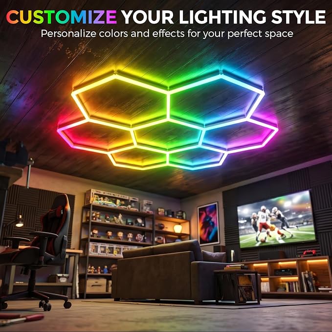 RGB Hexagon Garage Lights 7 Hex, Duplex Signal RGB Hexagon Led Lights with Music Sync Mode, Easy Setup RGB Ceiling Lights for Garage, Gym, Studio, Gaming Room, Party, Bar - Image 6
