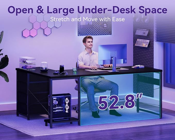 AODK 67" L Shaped Gaming Desk with 4 Drawers and Power Outlets, Black | USB Ports, PC Tower Stand, Hooks, Reversible Corner Layout for Gaming Rooms, Bedrooms and Home Office - Image 6