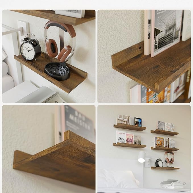 RICHER HOUSE 8 Set Floating Wall Mounted Shelves, Nursery Hanging Book Shelves with Lip for Storage, Display Picture Ledge Shelf for Bedroom Bathroom Kitchen Living Room Wall Decor, Rustic Brown | Display Picture Ledge Shelf, Anti-drop lip Shelf for Ro... - Image 4