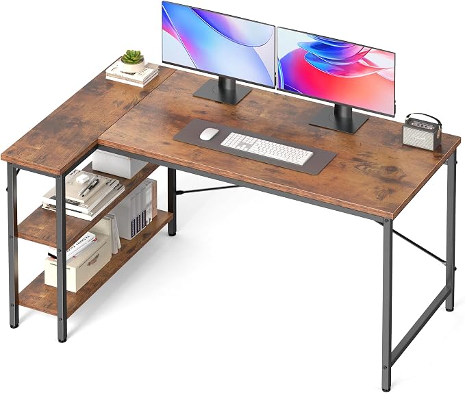DUMOS 55 Inch L Shaped Desk, Computer Gaming Corner Desks with Shelves | Home Office PC Table, Writing Working Study Desk for Bedroom Dorm, Reversible Design, Rustic Brown by DumosLifestyle