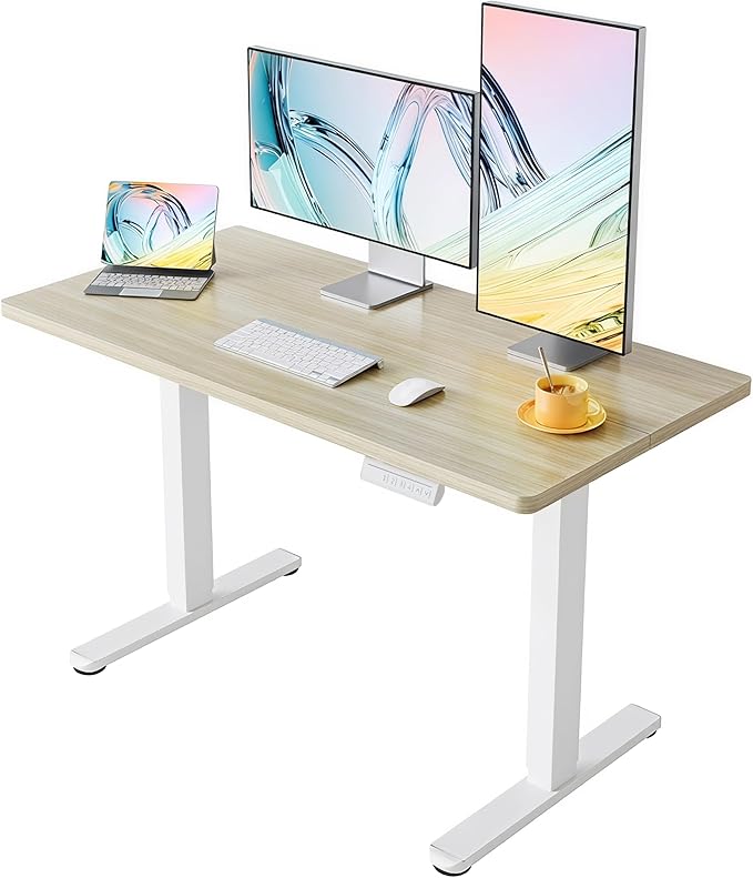 HUANUO 40x24 Inch Electric Standing Desk, Height Adjustable, Light Walnut | Smooth Home Office Desk, 176lbs Capacity with 4 Memory Presets & Headphone Hooks. Easy to assemble Computer Gaming desk by HUANUO