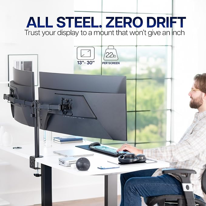 VIVO Dual Ultrawide Monitor Desk Mount, Heavy Duty Fully Adjustable Steel Stand, Holds 2 Computer Screens up to 38 inches and Max 22lbs Each, Black, STAND-V038 - Image 2