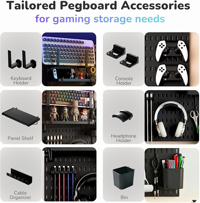 Keepo Peg Board Wall Organizer for Gaming Setup, Pegboard with Adhesives & Screw Mounts, Includes Peg Board Accessories for Gaming Accessories, Tech Storage & Office Organization (Black, 22″×22″) - Image 5