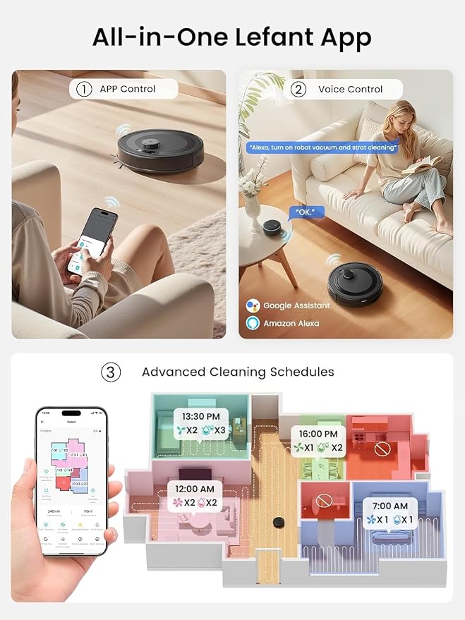 Lefant Robot Vacuum and Mop Combo,75-Days Self-Emptying,6000Pa Powerful Scution,Multi-Floor Mapping, No-Go Zones,140 Min Runtime,2.4G/5G WiFi/Alexa/APP/iWatch, M2 Plus Black - Image 9