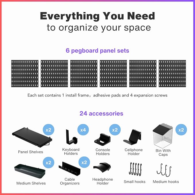 Keepo Peg Board Wall Organizer for Gaming Setup, Pegboard with Adhesives & Screw Mounts, Includes Peg Board Accessories for Gaming Accessories, Tech Storage & Office Organization (Black, 33″×22″) - Image 3