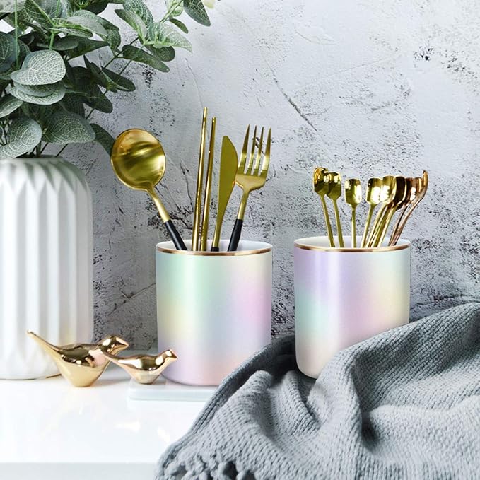 Cute Pen Holder for Desk, Pencil Cup Holder Desktop Stationery Makeup Brush Organizer Decor for Teen Girls Durable Ceramic Desk Organizer for Office, Classroom, Home, Colorful - Image 5