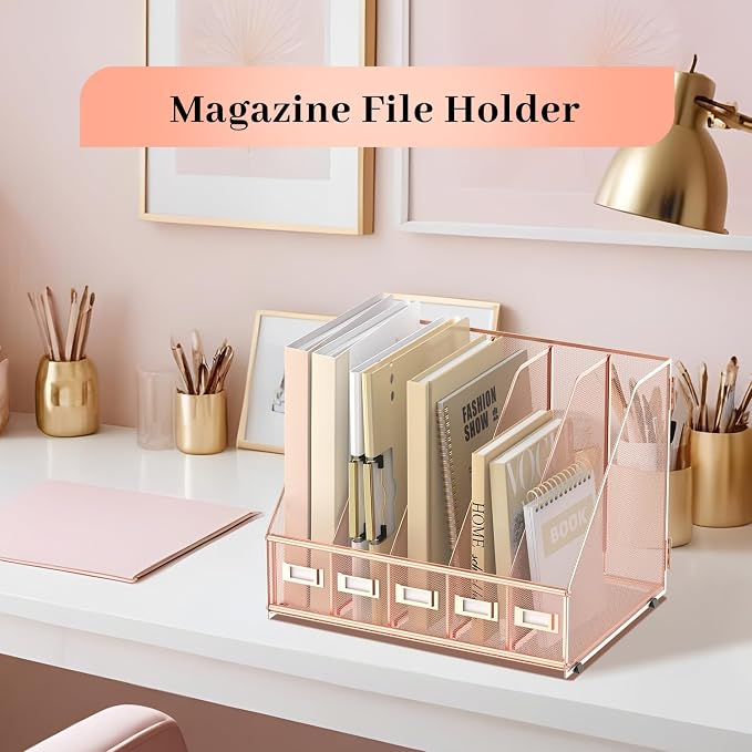 SUPEASY Desk Organizers Metal Desk Magazine File Holder with 5 Vertical Compartments Rack File Organizer for Office Desktop, Home Workspace, Rose Gold - Image 2
