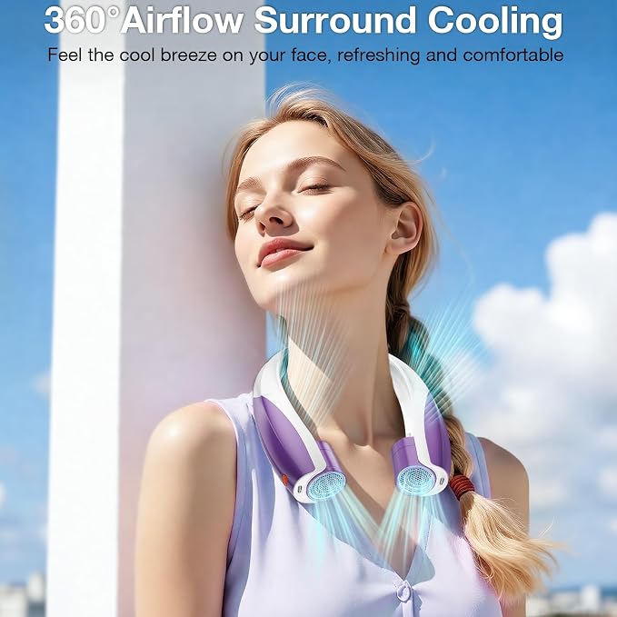 Portable Neck Fan, 6 Speeds Rechargeable Personal Fan with AI Chips, Hands-Free 360° Faster Cooling Wearable Fan, Ultra Quiet for Home, Office, Travel, Indoor, Outdoor - Purple - Image 2
