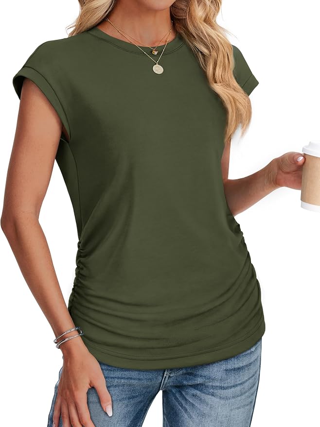Sampeel Womens Summer Tops Trendy 2026 Ruched Cap Short Sleeve Tshirts Shirts Crew Neck T Shirts Fashion - Image 3