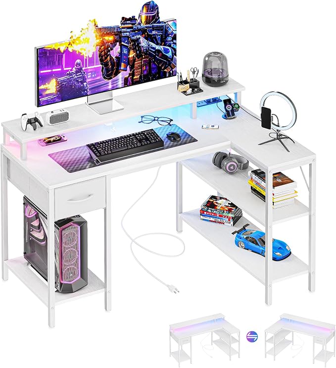 DUMOS 47 Inch Gaming Desk, Monitor Stand, LED Lights, Storage Shelves | USB Charging Ports, Power Outlets, Reversible L Shaped Corner, Small Spaces, White by DumosLifestyle