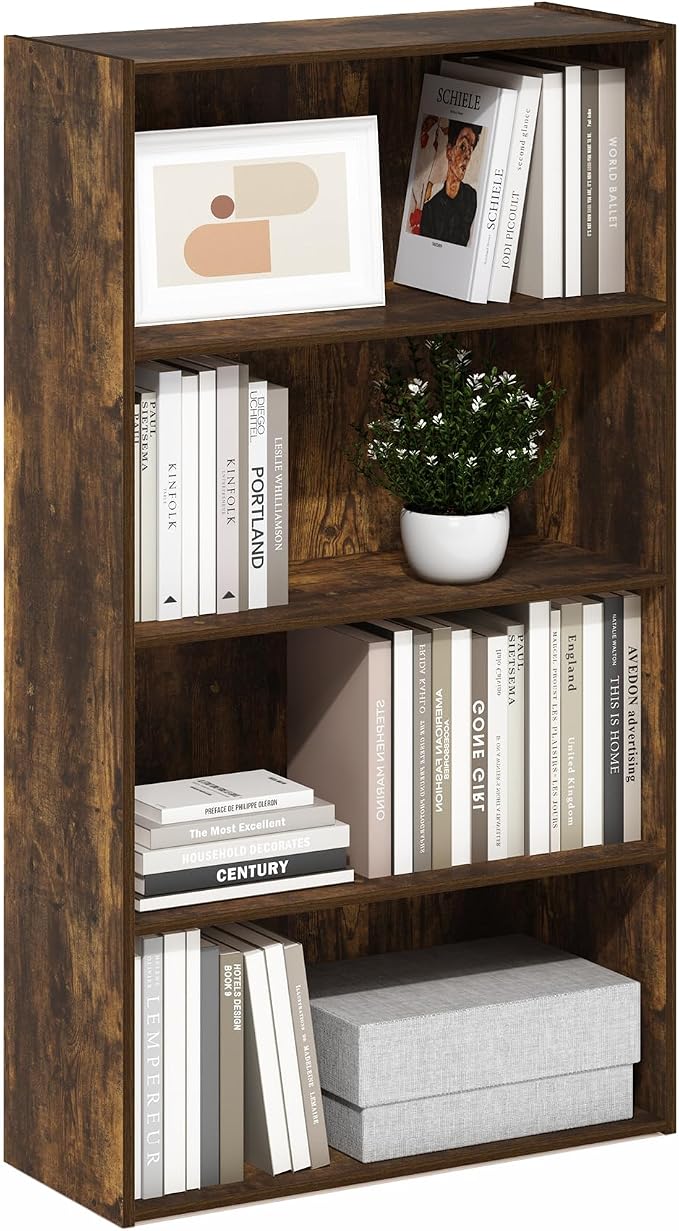 Furinno PASIR Book Shelf, 4-Tier Bookshelf, Bookcase with Open Shelf, 9.4 x 23.6 x 41.7, for Living Room, Bedroom, Home Office, Amber Pine by Furinno-FitsYourSpaceFitsYourBudget