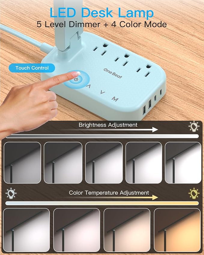 LED Desk Lamp, Power Strip with 4 USB 3 Outlets, Dorm Room Essentials, Blue | One Beat 4 Modes 5 Level Brightness Touch Lamp, Small Desk Lamp for Home Office College Dorm Essentials, Study Reading Light - Image 3