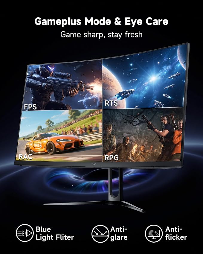 KTC 32 Inch Curved Gaming Monitor, QHD 2560x1440 180Hz Curve Monitors 1500R, Up to 185Hz, 1MS w/Adaptive Sync, 5000:1, HDMI Displayport, Tiltable, Eye Care, Vesa Mount H32S5 - Image 9