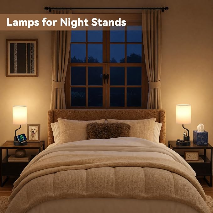 Fenmzee Bedside Lamps for Bedroom Set of 2 - Table Desk Lamp for Nightstand | 15" Table Lamp for Living Room with Pen Holder & Phone Stand, USB A+C Port, AC Outlet, 3 Color Temperature, LED Bulb Included - Image 3
