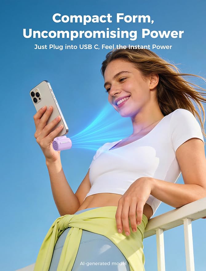 Aecooly Powerful USB C Phone Fan with Flexible Rod, 17000 RPM High Speed, Compatible with iPhone, iPad, Tablet, 4 Speed Mini Portable Phone Fan Attachment for Summer, Travel, Gifts for Women-Purple - Image 2