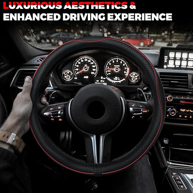 Ouzorp Car Steering Wheel Cover, Microfiber Leather Steering Wheel Covers with Anti-Slip Lining, Universal 14.5-15 inchs Black with Red line - Image 7