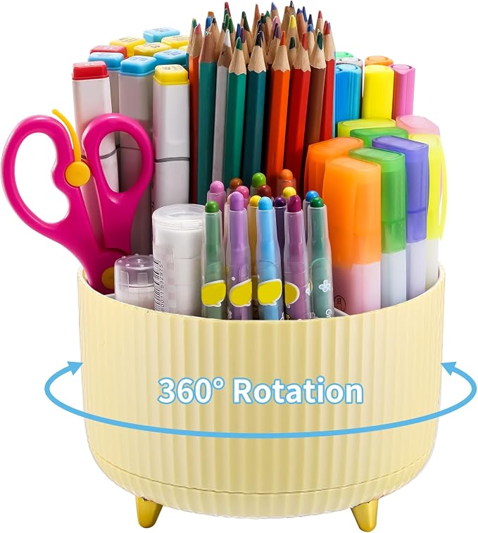 Marbrasse Desk Organizer, 360-Degree Rotating Pen Holder, Desk Organizers and Accessories with 5 Compartments Pencil Holder, Art Supply Storage Box Caddy for Office, Home (Yellow) by Marbrasse