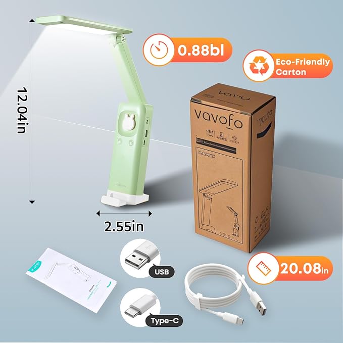 VAVOFO Cute Bunny Desk Lamp, Foldable LED Rechargeable Eye-Caring Reading Light, 3 Color Modes Dimmable Night Light for Kids Girls Bedroom Study Dorm Room (Mint Green) - Image 8