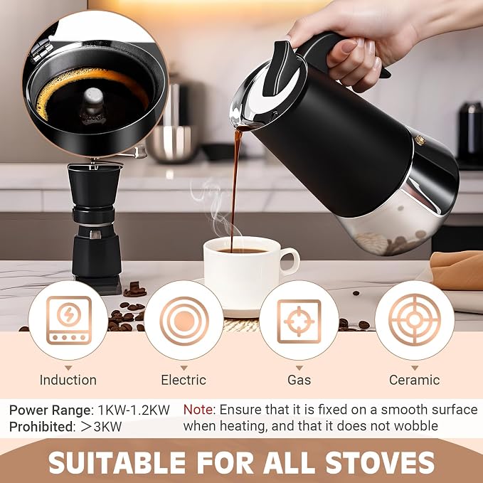 9 Cup Stainless Steel Moka Pot, 450ml Stovetop Espresso Maker, Black - Image 5