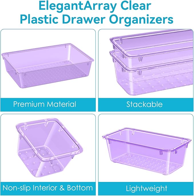 12 PCS Drawer Organizer Set, Makeup Organizers, Tool Storage Trays, Pueple | 4 Sizes, Plastic, Stackable, Multiple Gadgets, Desk Drawer Divider Organizers, for Makeup, Office Supplies Storage - Image 4