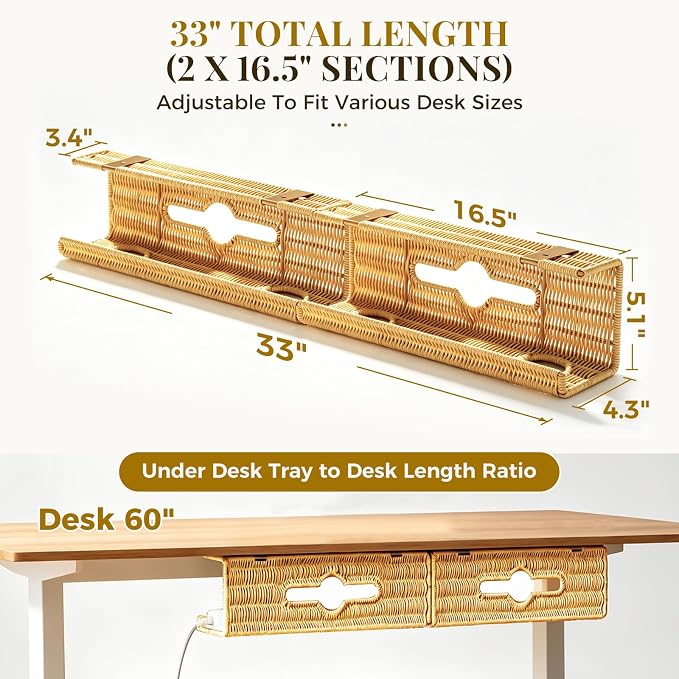 Handmade Rattan Under Desk Cable Management Tray 2 Pack, Natural | Easy Install with Adhesive or Screws, 33"Cord Organizer with 5M Cable Ties for Office Home, Effortless Wire Management - Image 2