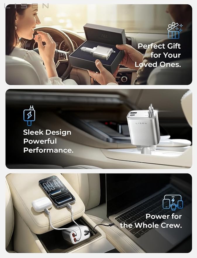 LISEN Retractable Car Charger for iPhone, for iPhone 17 Pro Max 16 15 14 13 12 Plus Mini, Cute 4 in 1 Retractable USB C Car Charger Fast Chareg for Women Men, 84W Fast Charging Car Accessorie | Multiple Ports Car Charger, Retractable Car Charger Fast C... - Image 4