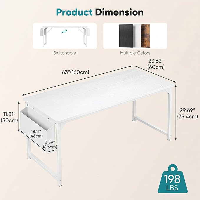 OLIXIS Computer Desk, 63 Inch Gaming Desks for Home Office Small Spaces | Writing Study Craft Work Table, Computer Workstation for Bedroom with Storage Bag, All White - Image 3