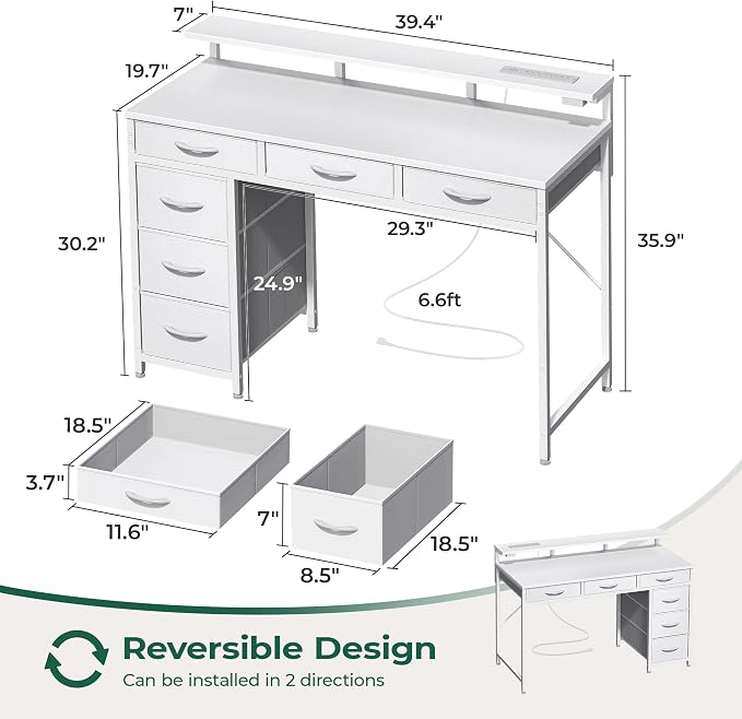 Huuger Gaming Desk with 6 Drawers, Computer Desk with LED Lights Power Outlets and Type-C, 39 Inch Office Desk with Storage, Monitor Stand, Writing Work Desk Home Office, Bedroom, White - Image 3