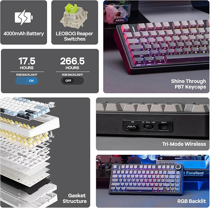 EPOMAKER x Aula F75 Gasket Mechanical Keyboard, 75% Wireless Hot Swappable Gaming Keyboard with Five-Layer Padding&Knob, BT/2.4GHz/USB-C, RGB (Black Gradient, LEOBOG Reaper Switch) - Image 3