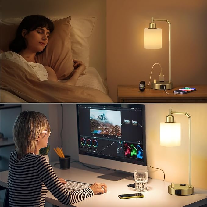Innqoo Industrial Table Lamps for Bedroom Set of 2 - Fully Dimmable Bedside Lamps with USB Ports and Outlet, Gold Nightstand Lamps with Opal Glass Shade for Living Room, Desk Lamps for Office Reading - Image 6