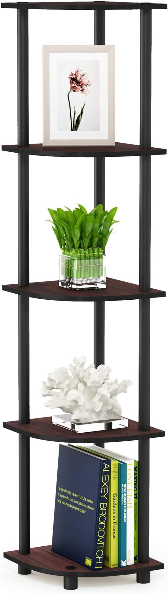 Furinno TURN-N-TUBE Corner Shelf, 5-Tier Corner Bookshelf, Open Storage Shelves, for Organization and Storage, Living Room, Home Office, Garage, Bedroom, Dark Cherry by Furinno-FitsYourSpaceFitsYourBudget