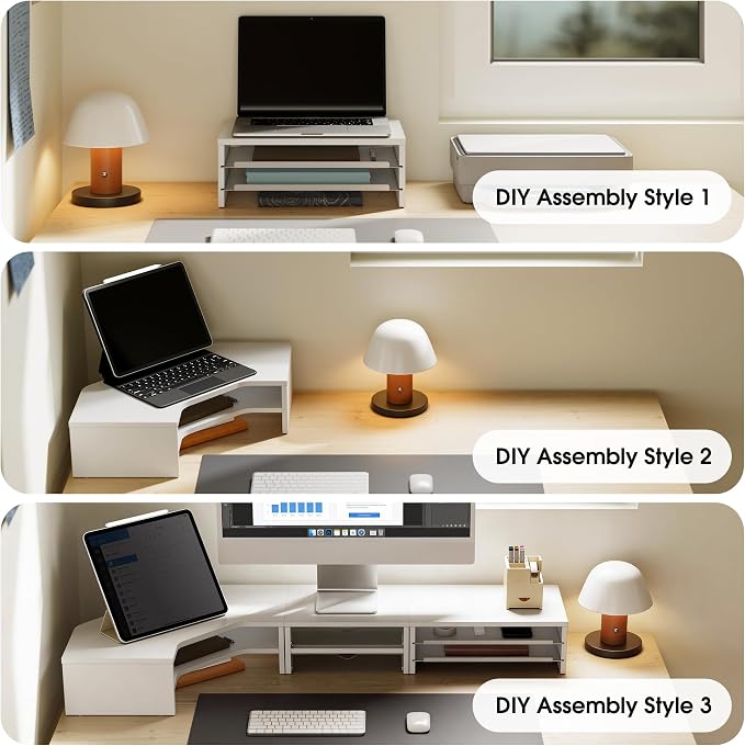 Fenge Dual Monitor Stand, Corner Monitor shelf with Drawer and Slide-Out Tray, 2 Tier Triangle Monitor Riser with Storage, Desk Shelf Organizer for Desk, Home Office, Computer, Laptop, Printer - Image 4