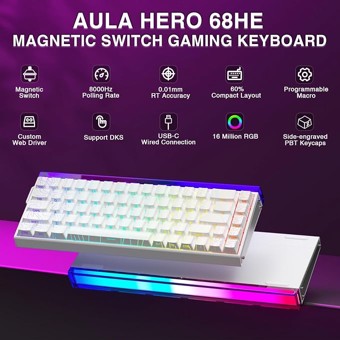 AULA Hero 68 HE 60% Gaming Keyboard Wired, Hall Effect Magnetic Switch Keyboard with 8K Hz Polling Rate, Side Printed PBT Keycaps, RGB Backlit Light Box, Customizable Web Software for PC/Mac Gamers - Image 2