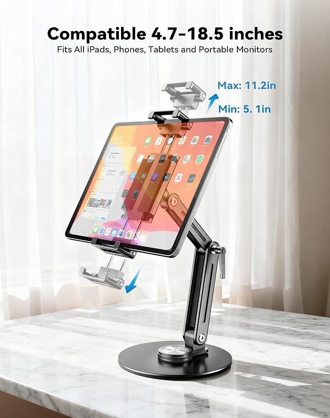 Portable Monitor Stand Large Clamp - Heavy Duty Aluminum Body Support up to 4.4LBS 16" 17.3" 18.5 inch 360° Rotating Base Swivel Foldable Desk Stand for iPad Holder Tablet Mount for Kitchen/Travel - Image 2