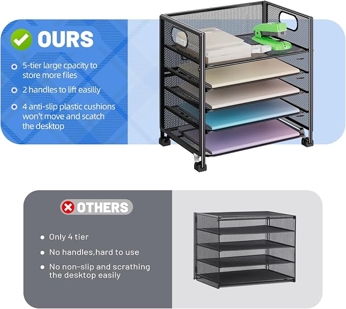 Simple Trending 5-Tier Paper Tray Organizer, File Organizer for Desk, Black | Letter Tray Holder with Handle. Sturdy Metal Frame. Non-slip Feet. Black for Office Home School. 13.25"L x 9.25"W x 13"H - Image 5