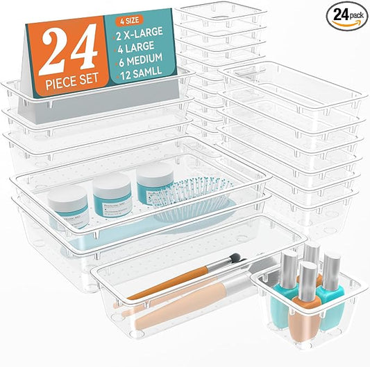 24 PCS Drawer Organizer Set, Makeup Organizers, Tool Storage Trays | 4 Sizes, Plastic, Stackable, Multiple Gadgets, Desk Drawer Divider Organizers, for Makeup, Office Supplies Storage by Unknown