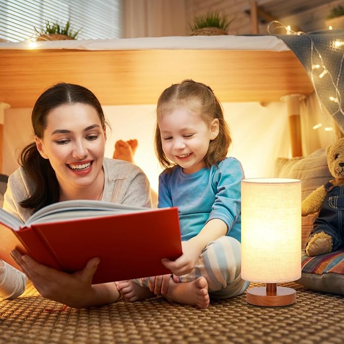 Fenmzee Small Table Lamps (Beige Shade - Walnut Base, 9" Inline Control) | 3000K LED Blub Included | 680 Lumens | Easy Assembly | Minimalist Design | E26 | for Kitchen | for Kids Room - Image 5