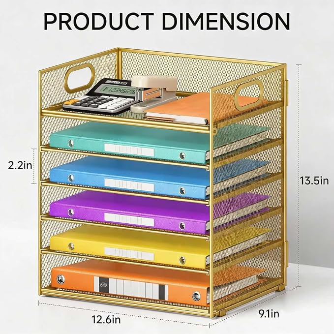 6 Tiers Letter Tray Paper Organizer with Handle, Mesh Desk File Organizer, Metal Desktop Document Shelf Organization, Paper Sorter Organizer for Office, Home or School File Folder Holder (Gold) - Image 3