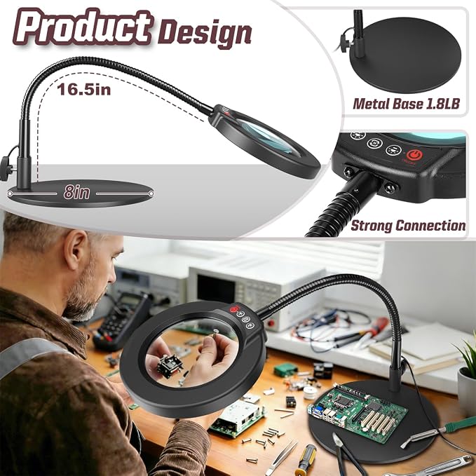 10X Magnifying Glass with Light and Stand, 16.5in Flexible Goose-Neck, 5 Color Modes Stepless Dimmable LED Lighted Desk Lamp, Hands Free Magnifier for Crafting Hobby Painting Close Work - Black - Image 2