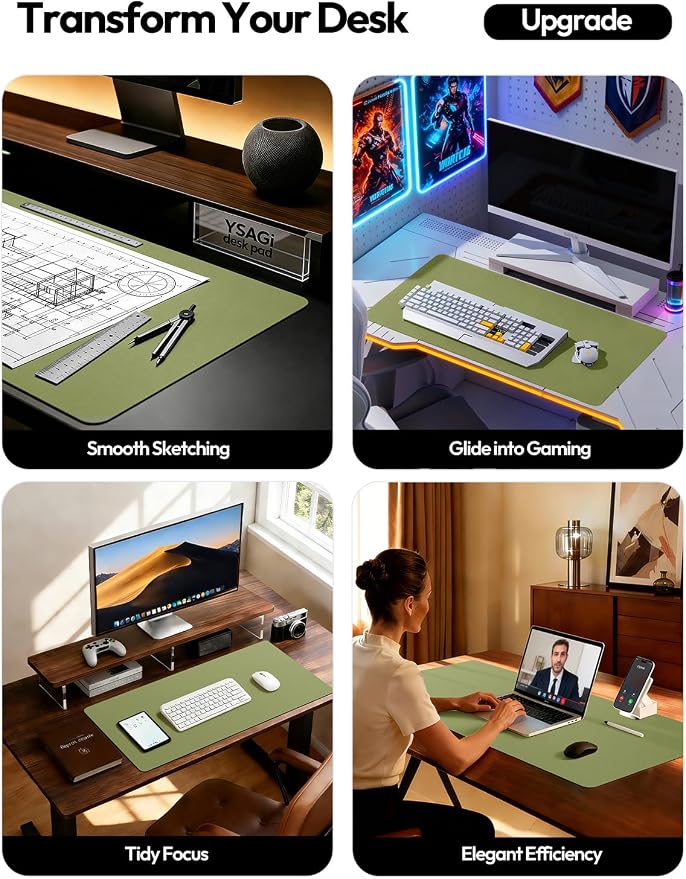 YSAGi Leather Desk Protector, Office Mat, Large Mouse Mat, Non-Slip PU Leather Blotter, Laptop Desk Pad, Waterproof Writing Pad for Office and Home (Green, 23.6" x 13.8") - Image 2
