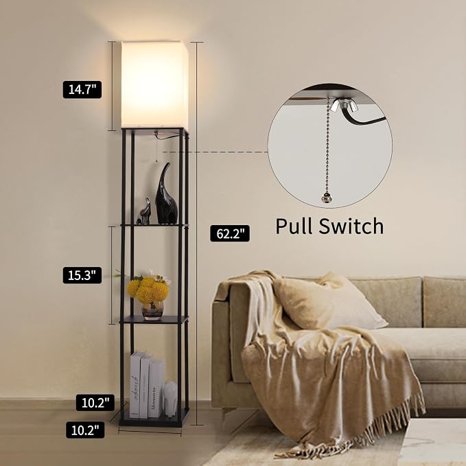 Gupuzm Floor Lamp with Shelves, Modern Square Standing Lamp with 3 Color Temperature Bulb, Corner Display Bookshelf Lamp for Living Room, Bedroom and Office (Black) - Image 4