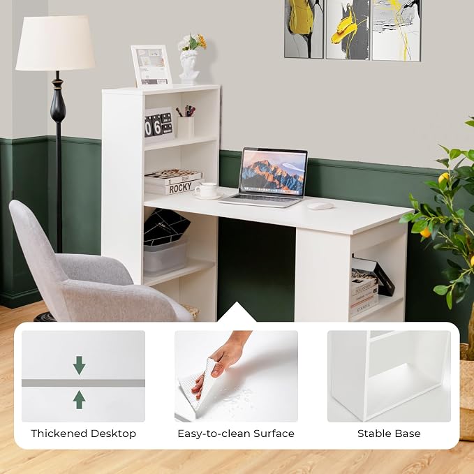 GRAFFY Computer Desk with 6 Storage Shelves - 48" Reversible Writing Desk Workstation with Bookshelf and CPU Stand, Modern Compact Office Desk for Bedroom, Study, Home, Office (White) - Image 7