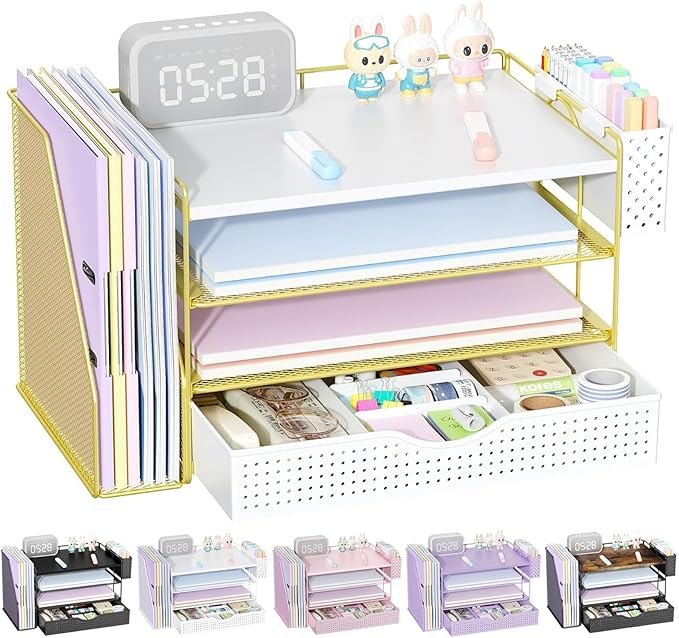 gianotter Wood Desk Organizers and Accessories with File Holder, 4-Tier Desk Accessories & Workspace Organizers with Drawer and Pen Holder, Desk Reference Organizer (Gold, 4T with Drawer) by gianotter