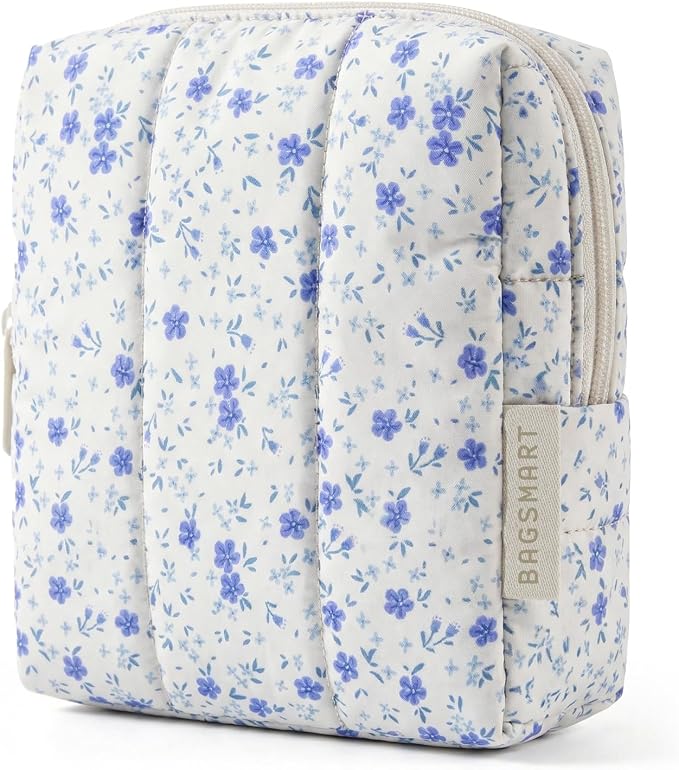BAGSMART Small Travel Makeup Bag for Purse Toiletry Pouch, Puffy Padded Mini Cosmetics Bag, Cute Make Up Pouch for Women with Slip-in Pocket, Travel Essentials for Toiletries, Blue Ditsy Floral by BAGSMART